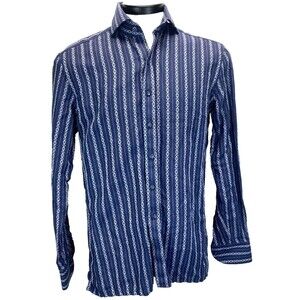 Proper Cloth Men's Dress Shirt 15.5 x 35 Long Sleeve Violet Stripe Cotton Linen